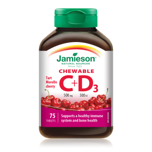 Jamieson Vitamin C 500 mg + D 500 IU tablete za žvakanje s okusom trešnje